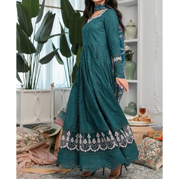 Ansab Jahangir OCEAN DEPTH Kalidaar Embroidered Prairie Boho Schiffli Cotton - Picture 1 of 8